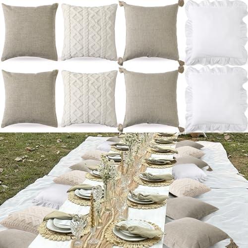 Yuntau Boho 8 Pcs Picnic Pillow Covers Only 18x18 Inch Boho Aesthetic Throw Cushion Cases Luxury Picnic for Summer Birthday Bachelorette Tea Party Brunch Beach Backyard Bed Sofa Decor