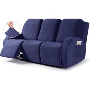 VANSOFY Recliner Cover, 3-Pieces Stretch Reclining Couch Covers with Pockets Reclining Sofa Slipcovers 3 Seater Soft Washable Furniture Protector for Dogs Cats(Navy Blue)