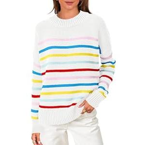 ANRABESS Women Fall Fashion Sweaters Striped Long Sleeve Crewneck Loose Fit Cozy Knit Trendy Pullover Sweater Tops Rainbow X-Large (White, XL)