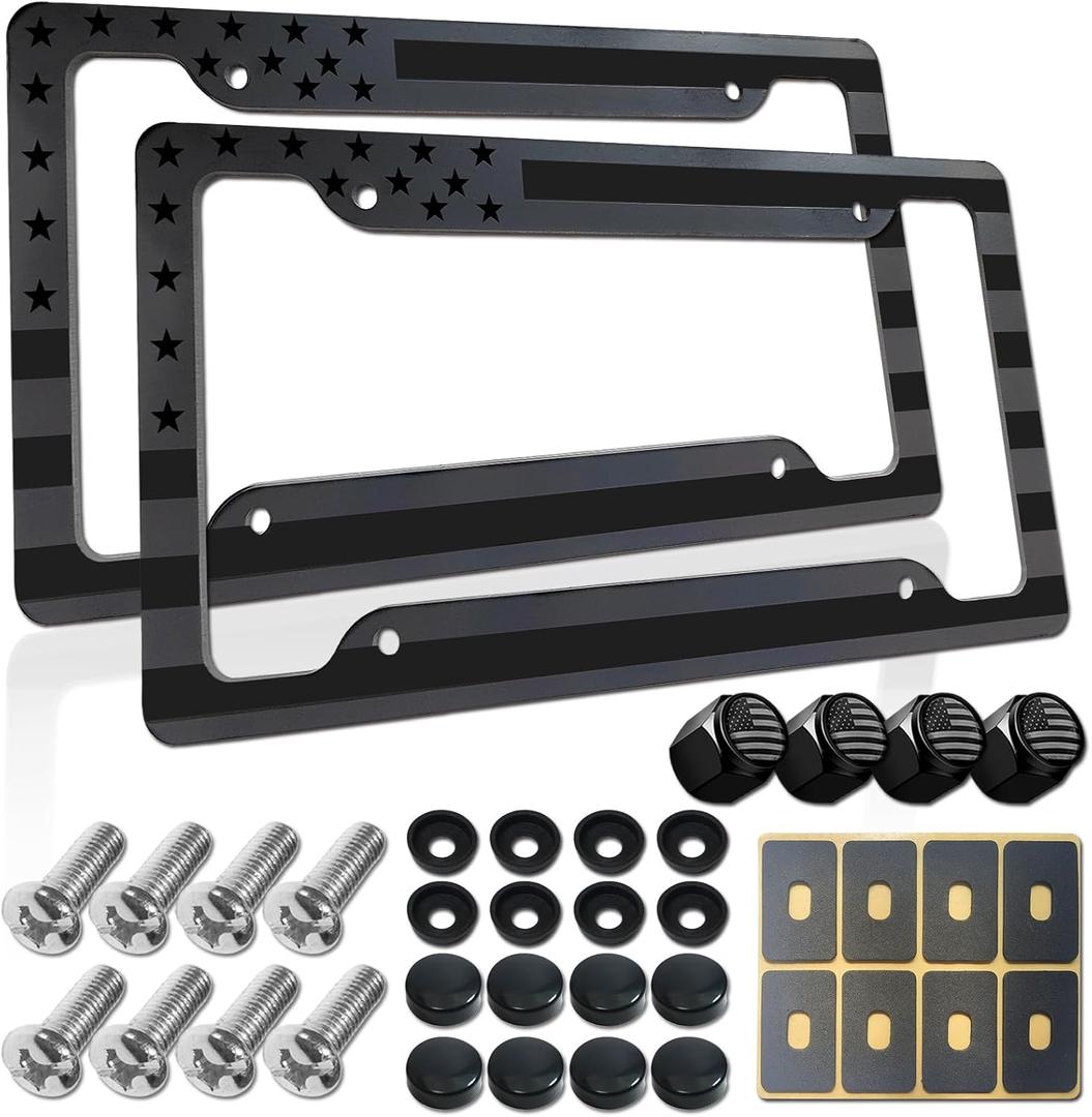 BGGTMO American Flag License Plate Frames- 2 Pack Black Grey Patriotic USA Aluminum Car Tag Holder Cover for Front Rear, with Screws Caps (Dark Gray Aluminum)