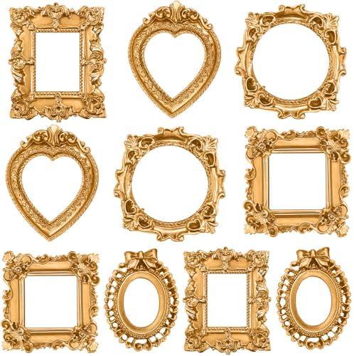 Vicenpal 10 Pcs Vintage Mini Picture Frames Baroque Antique Small Resin Jewelry Display Table Frame for Christmas DIY Photo Holiday Party Decoration (Gold)