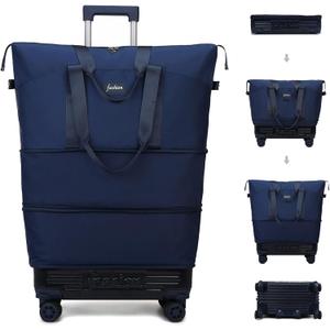 Rolling Duffle Bag with Wheels and Handle, Expandable Foldable Travel Bag - Wheeled Carry On Luggage for Weekend Trips, Large Capacity & Waterproof (Blue)