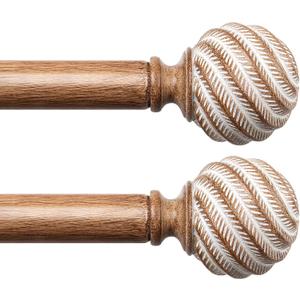 Wood Curtain Rods for Windows 2 Pack, TONIAL 1 Inch Adjustable Heavy Duty Drapery Rods 32-58 Inch with Wood Grain Leaf Pattern Finials, Boho Curtain Rod for Living Room, Bedroom, Indoor, Outdoor