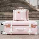 urecity 26" Vintage Luggage Set, 2 Piece Elegant Pink Retro Checked Suitcase with Cosmetic Case, Luxury Vegan Leather Aluminum Frame Spinner Trunk for Women (with Protective Clear Cover), 26"+12"