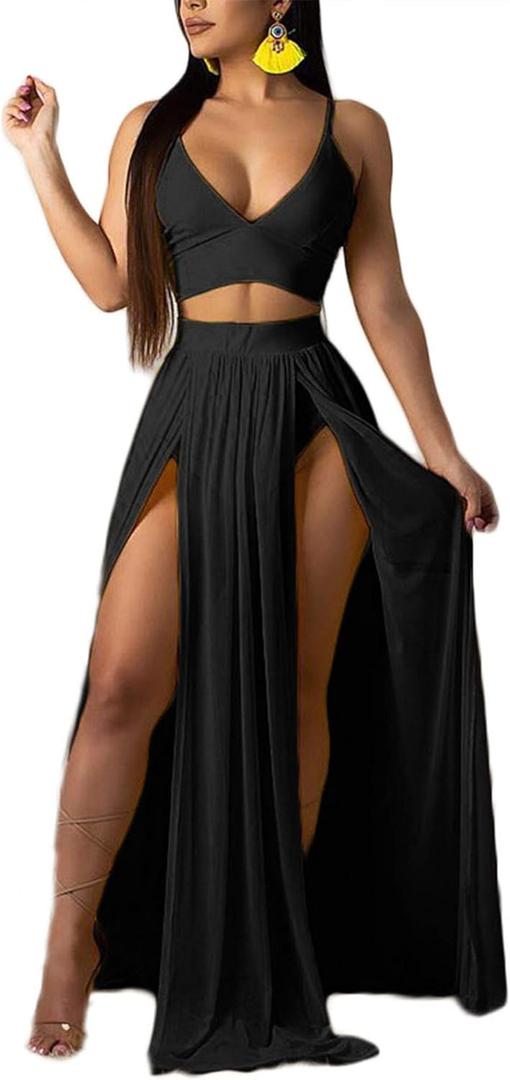 Women Sexy 2 Piece Outfits Dress Chiffon Strap Deep V Neck Bra Crop Top High Split Maxi Dresses Skirt Set (Black, XS)
