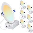 Recessed Lighting 6 inch 6 Pack 5CCT LED Recessed Ceiling Light with Junction Box 2700K-5000K Selectable 12W 110W Eqv - Ultra-Thin Dimmable Canless Downlight 1050LM High Brightness