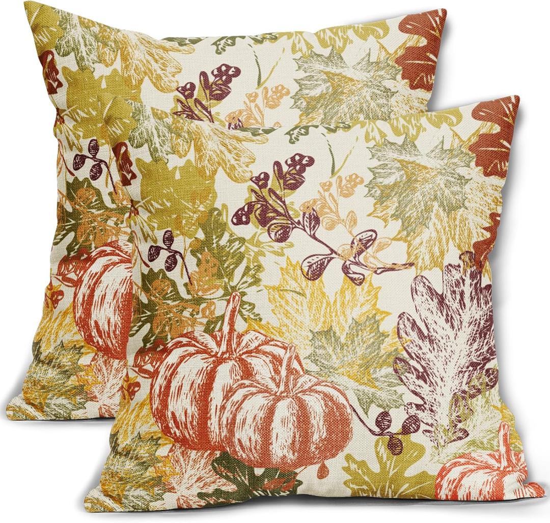 Fall Pillow Covers 16x16 Inch Set of 2 Autumn Burnt Orange Pumpkin Maple Leaf Print Decorative Throw Pillowcases Outdoor Rustic Farmhouse Seasonal Cushion Cases Decor for Sofa Couch Bed