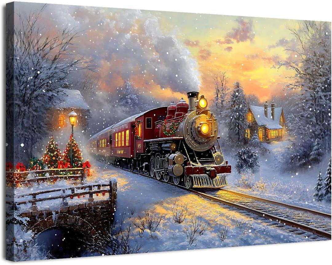 Christmas Wall Art Vintage Red Train Wall Decor Christmas Tree Prints Picture Rustic Farmhouse Paintings Retro Sunset Country Scenic Cottagecore Artwork for Living Room Bedroom Home Decorations 12x16"