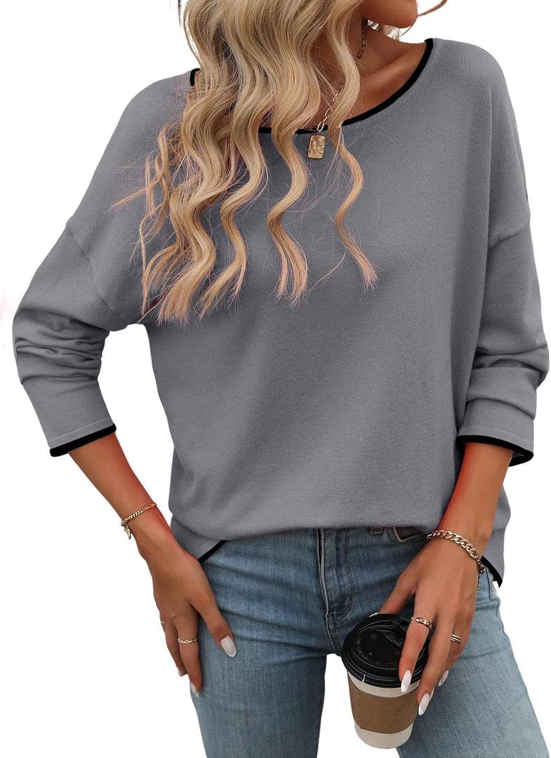 PrinStory Women's Fall Sweaters Loose 2024 Long Sleeve Outfits Crewneck Knit Lightweight Casual Pullover Tops (Large, Black)