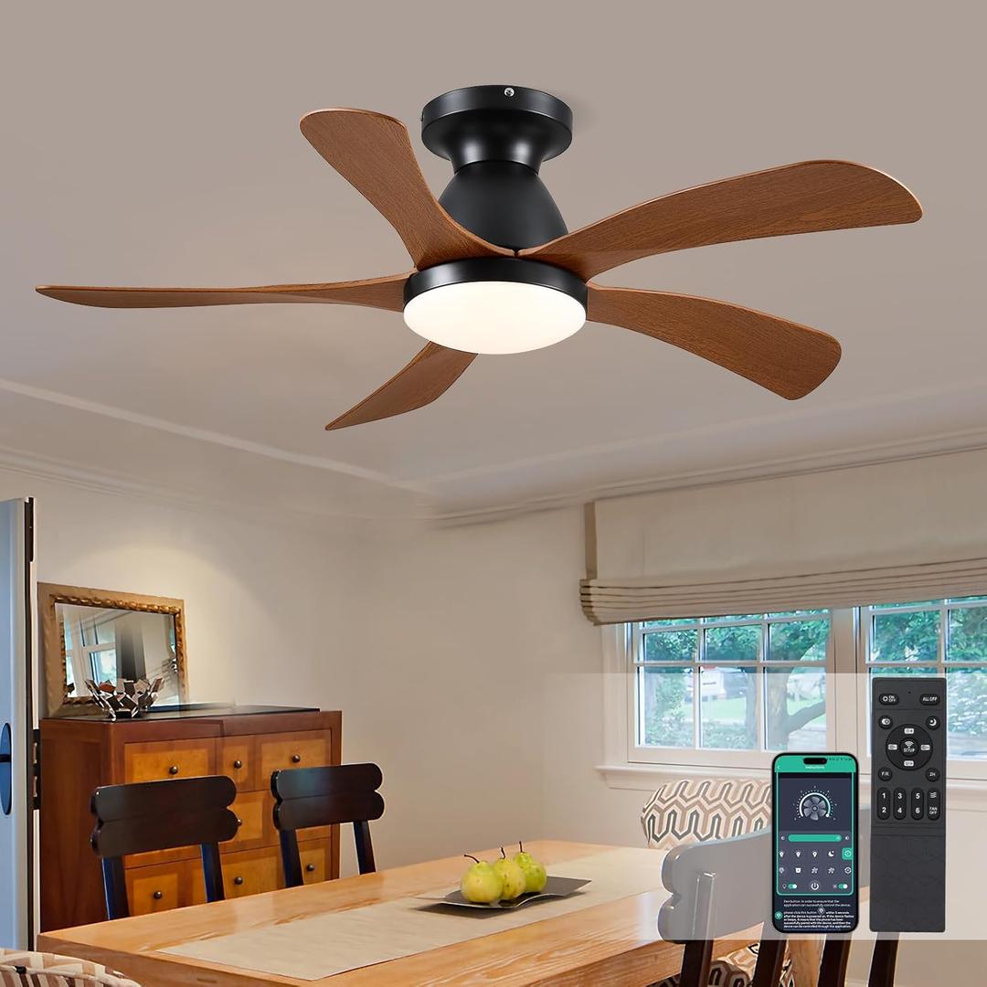SHIHOT 42 Inch Low profile Ceiling Fans with Lights and Remote, Modern Flush Mount Ceiling Fan Light Fixture for Bedroom with 5 Blades, 6 Speeds, Timing, Dimmable 3 Light Colors