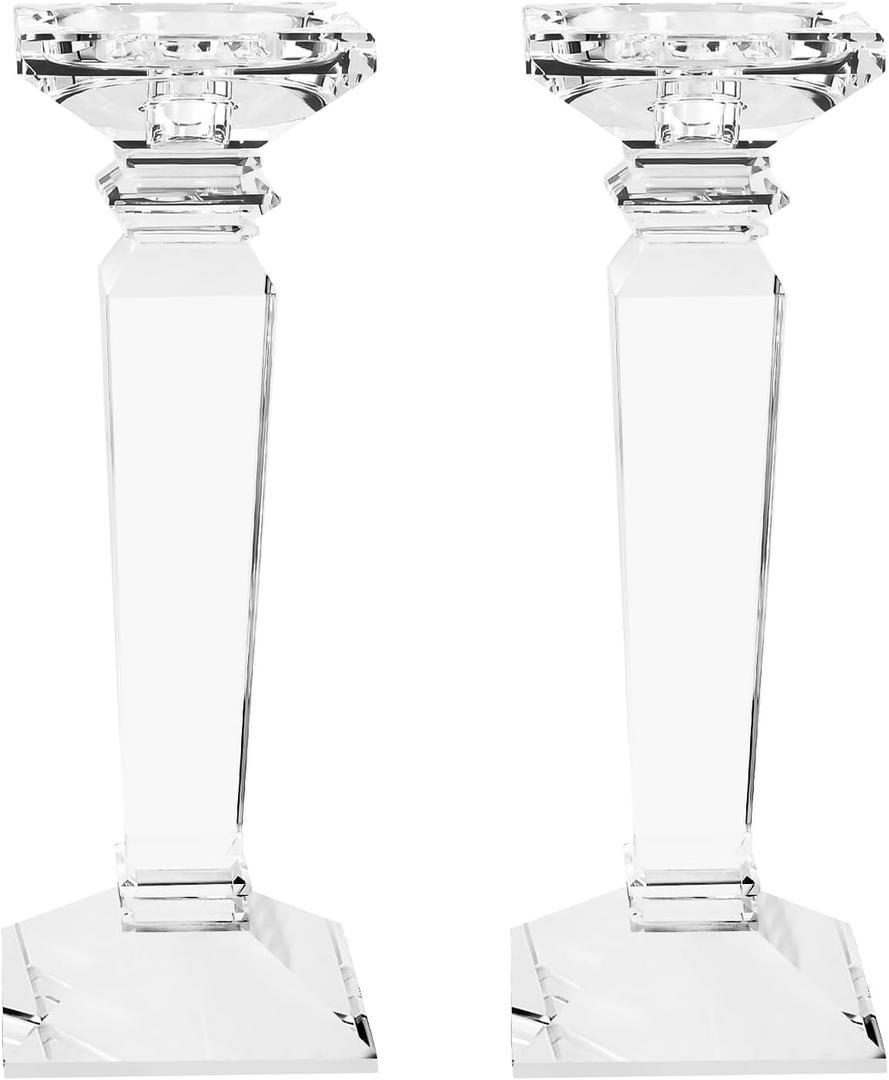 Crystal Candlestick Holders 2 Pack- Clear Crystal Taper/Pillar Candles Holder Table Centerpieces for Party and Wedding Decoration(10.6in Tall)