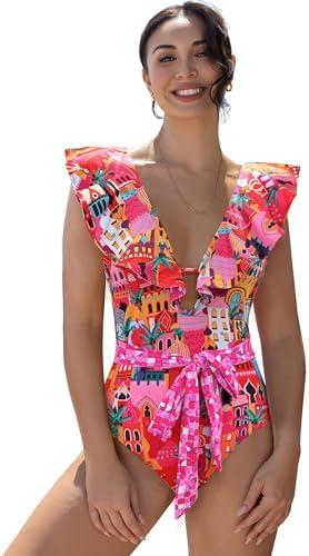 SPORLIKE Women One Piece Swimsuit V-Neck Ruffle Bathing Suit Padded Monokini,M
