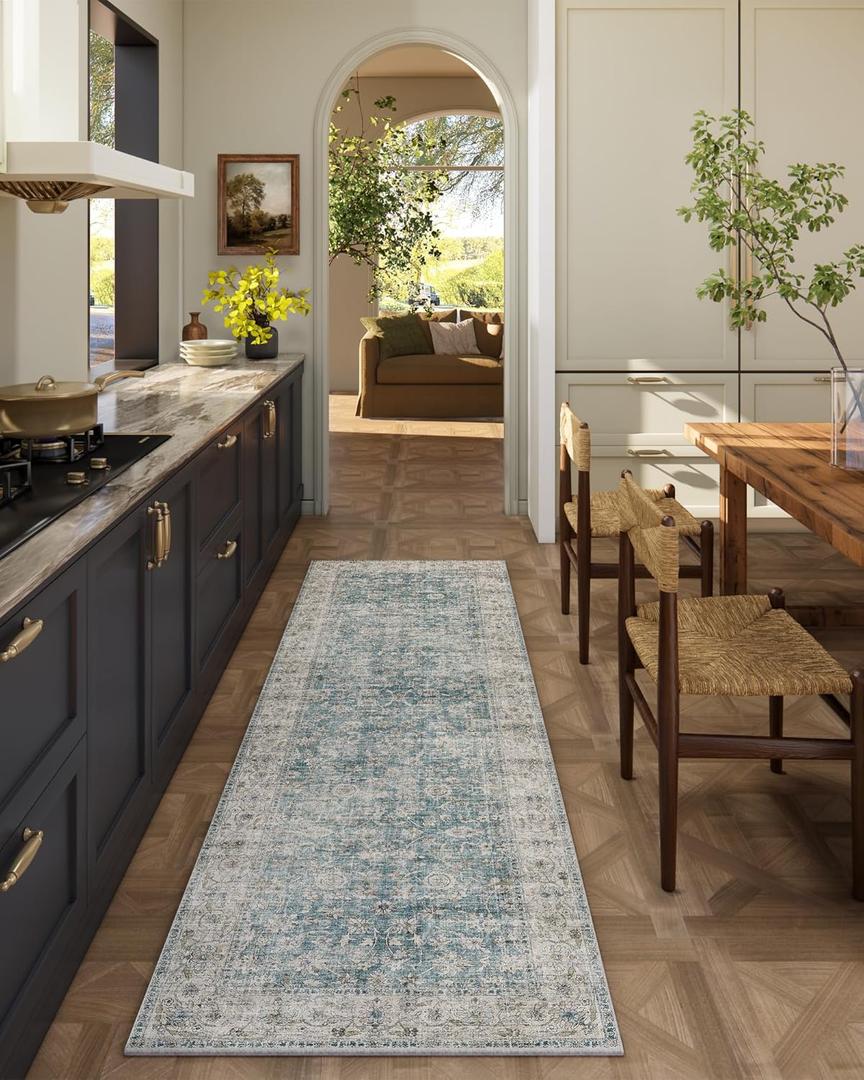 Washable Kitchen Rug Runners for Hallways: 2'x6' Bedroom Rug with Non Slip Backing Low-Pile Soft Indoor Floor Carpet Runner for Indoor Entryway Hallways Kitchen Laundry Room Farmhouse (Light Blue)