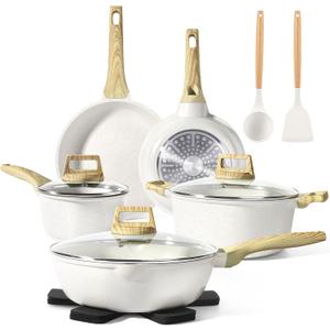 GiPP Pots and Pans Set Non Stick - 14 Pcs White Granite Kitchen Cookware Sets Nonstick Induction Cookware Cooking Pan Set with Frying Pans, Saucepans and Silicone Utensils, PFOS & PFOA Free
