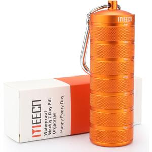 Weekly Metal Pill Organizer for Outdoor Travel, Aluminum, Waterproof, that is Shockproof and Has Large Compartments for Storing Vitamins, Fish Oil, Emergency Pills (Orange)