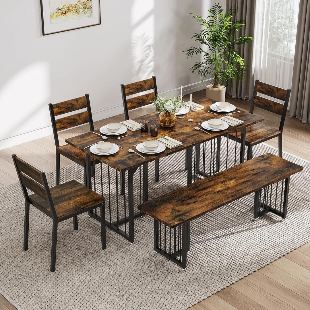 DWVO 63 Inch Dining Table Set for 6-8 People 6-Piece Large Kitchen Table Set with 2 Benches and 4 Chairs Farmhouse Rectangular Dining Room Table for Kitchen Dining Room Apartment Rustic Brown
