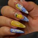 Handcrafted Press On Nails Italian Vacation Style Lemon & Blue Ceramic Pattern 100% Handmade Realistic Artistic Fake Nails With Adhesive Glue Tabs Gifts For Women (Hand-Painted Lemon,Long Stiletto M)