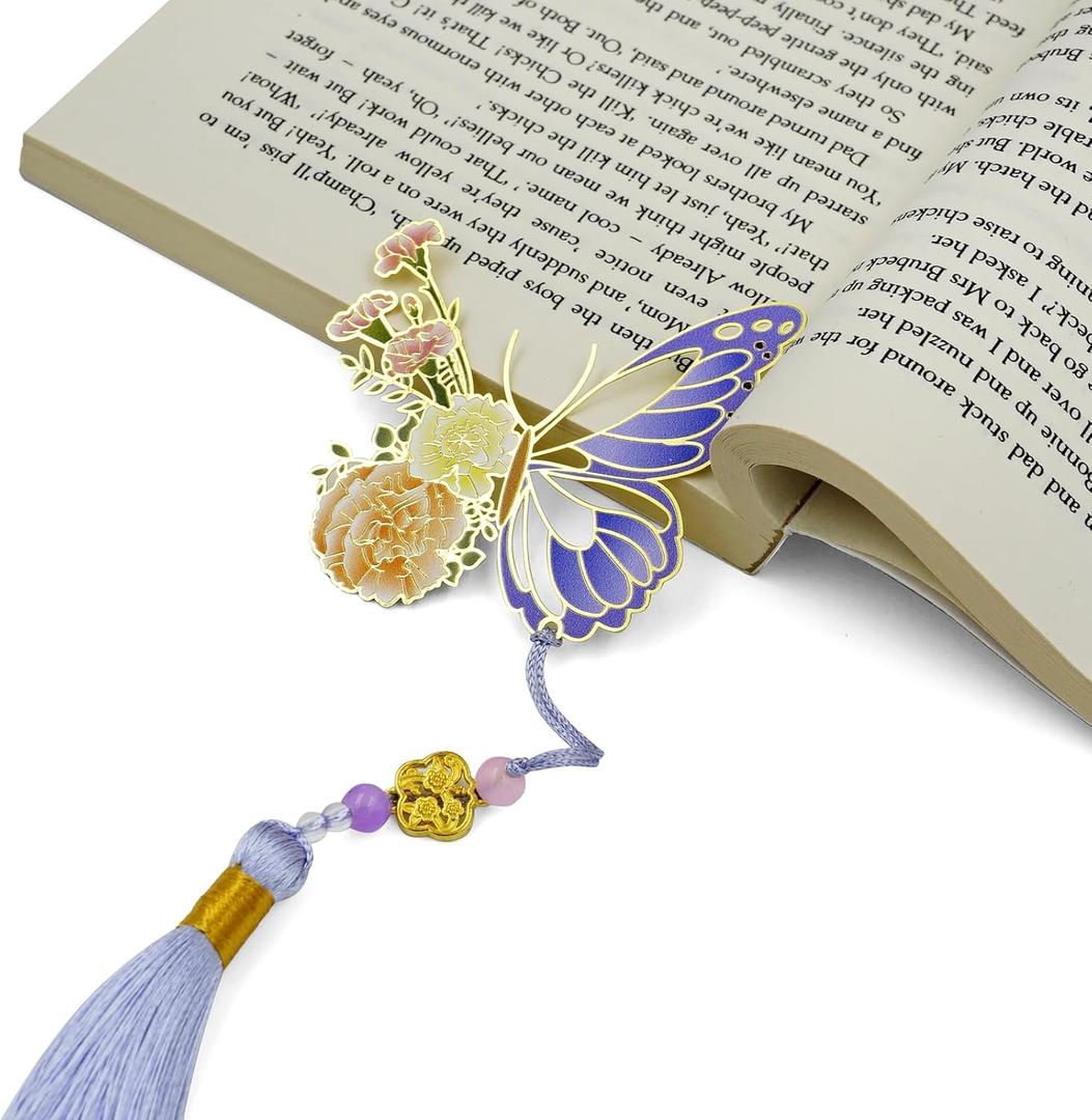 Butterfly Bookmark Gifts for Women-Carnation Flower Design with Purple Tassel-Teacher Gifts Metal Bookmarks for Women Readers Book Lovers-Christmas Birthday Gift for Mom/Her/Girls