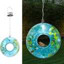 VCUTEKA Bird Feeder Solar Fly Through Bird Feeders for Outside Hanging with Round Shape Glass Container to Attract Wild Birds for Garden Decor, Blue 8"