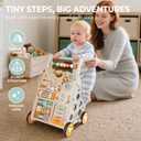 Baby Push Walker, Wooden Baby Walker with Wheels, Montessori Activity Center for 1 2 3 Years Old Boys Girls, Adjustable Speed & Height Push Toy for Toddler Learning to Walk, Kids Development Gift