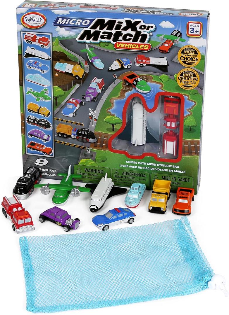 Popular Playthings Magnetic Vehicles for Toddlers 1-3, Mini Mix or Match Car Toys, Set of 9 Gift for Kids - Vehicles
