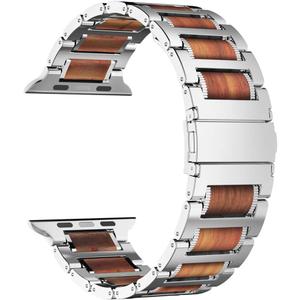 iiteeology Compatible with Apple Watch Band, Natural Wooden Steel Link Bracelet for iWatch Ultra 3/ Ultra 2/ Series 1-11 49mm 46mm 45mm 44mm 42mm - Silver