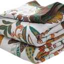 Boho Throw Blanket for Bed, 100% Cotton Muslin Soft Throw-Floral Farmhouse Rustic Decor Blanket for Couch Sofa Quilt and Gift, 60" x 80"-BeigeWhite (Flower-jungle)