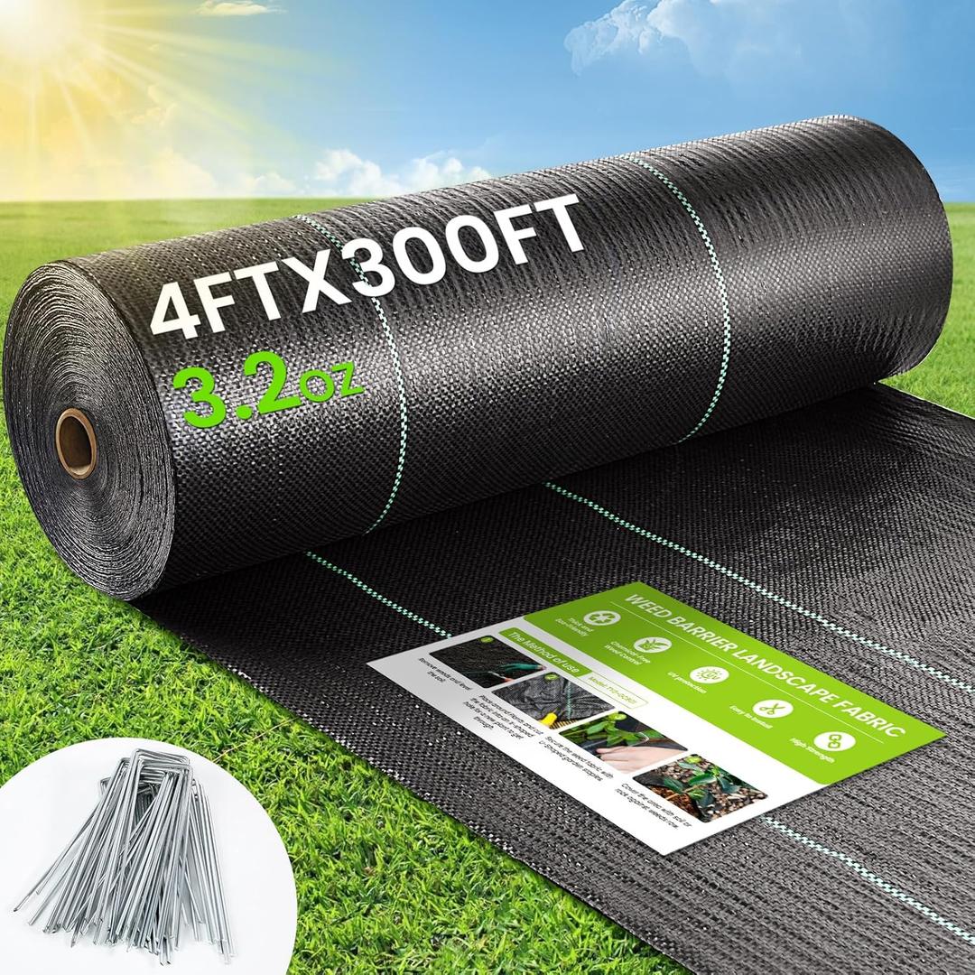 Weed Barrier Fabric, 4x300ft Landscape Fabric, 3.2oz Heavy Duty Durable Woven Geotextile Fabric, High Permeability Ground Cover Mat, Driveway Fabric, Garden Weed Control Cloth with 20 U-Securing Pegs
