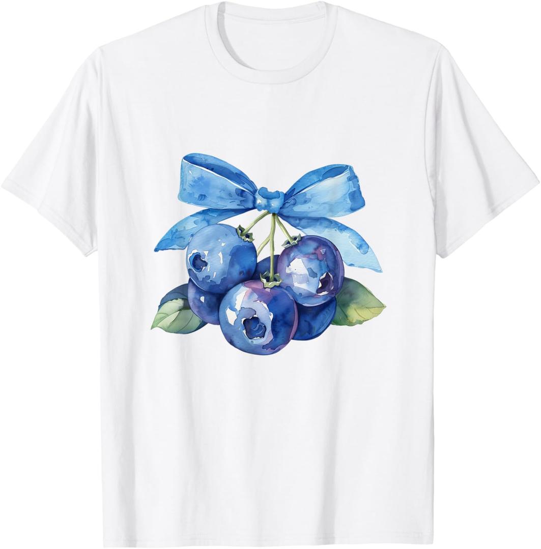 Coquette Bow with Blueberry Kawaii Charm Tee T-Shirt (White, XS)