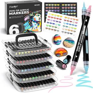 JusArt 60 Colors Automatic Ink Control Acrylic Paint Markers,Dual Tip with Broad Tip and Brush Tip Pens for Ceramic, Wood, Canvas, Glass, Stone, Fabric, DIY Crafts Art Supplies Kit for Adult
