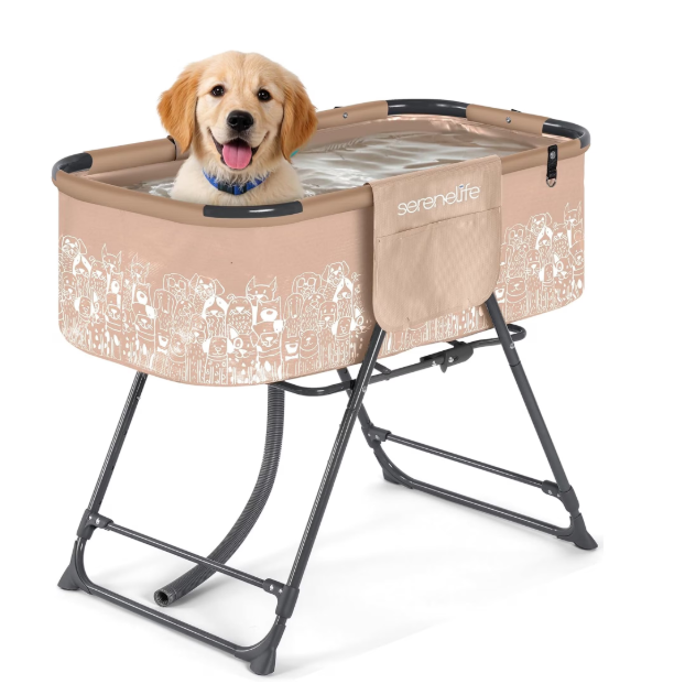 SereneLife Foldable Dog Bath Tub with Adjustable Height, 360° Access, Drain Hose & Storage Pockets – 130 lb Capacity Grooming Station for Indoor/Outdoor Use, Beige