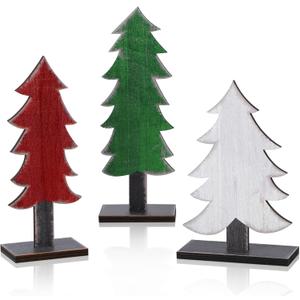 Meooeck 3 Pcs Green White Red Wood Christmas Trees Tabletop Rustic Christmas Decor Farmhouse Centerpieces Decorations for Tables with Rectangular Base for Home