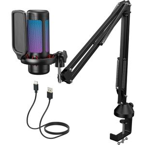 Gaming USB Microphone Set for PC, TONOR RGB Condenser Mic with Boom Arm Quick Mute, RGB Lighting, Pop Filter, Shock Mount, Gain Control for Streaming Podcasting Recording Discord Twitch YouTube TC310+ (Black)
