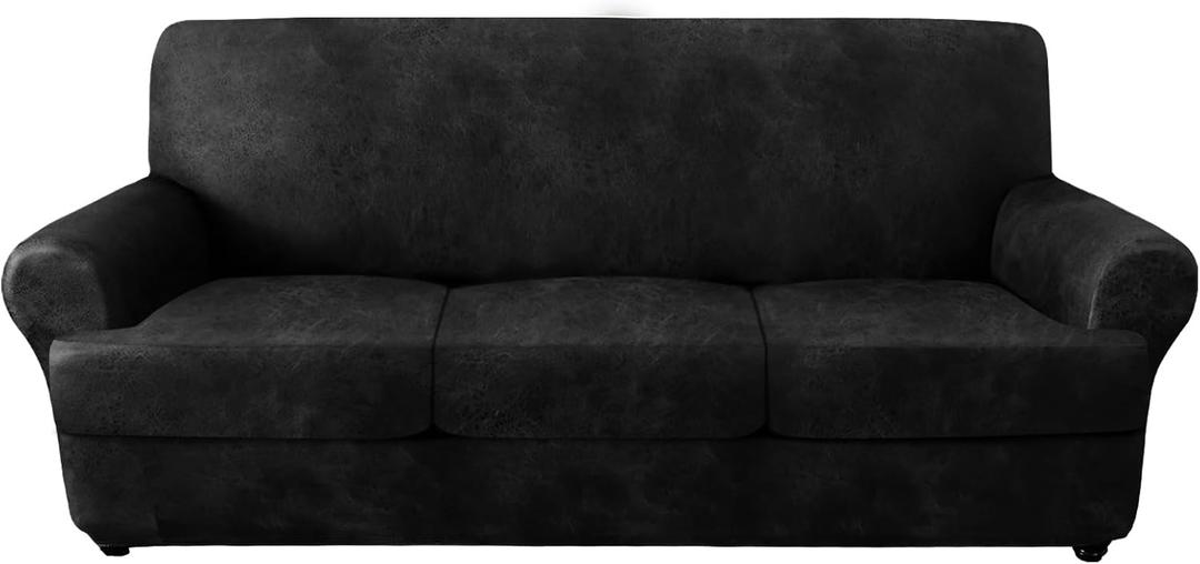 molasofa Leather Look T-Cushion Sofa Slipcovers with 3 Individual Shape Seat Covers for Home Dcor, 4 Pieces - Stretchable, Washable, Non-Pilling, Non-Slip Sofa Slipcover (Sofa, 02 Black)