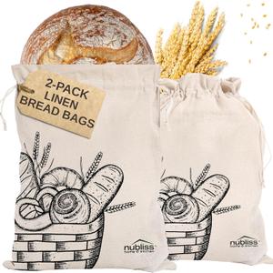 Nubliss 2-Pack Large, Reusable Organic Linen Bread Bags for Homemade Bread - BPA-Free Inner Plastic Lining - Durable Breads Storage - Sourdough Loaf Bags - Perfect for Sour dough Loaves & Baguettes (Off White)