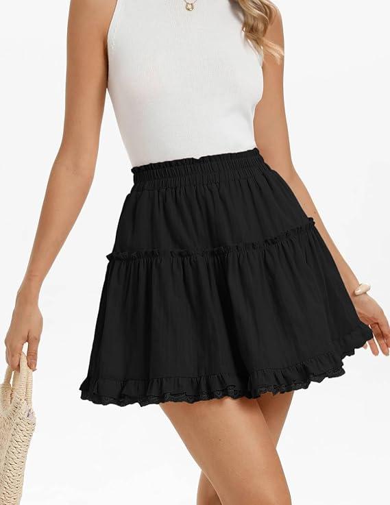 Kate Kasin Women Cotton Mini Skirts with Shorts Underneath, Ruffle Lace Skirt Flowy, Tiered Skorts S