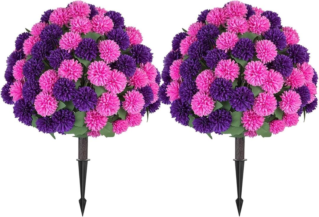 BLOSMON Fake Outdoor Mums Flowers with Stakes, Set of 2, Pink Purple