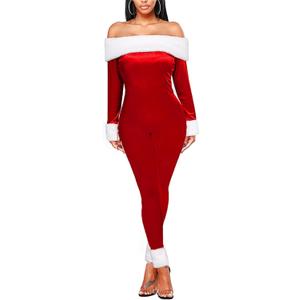Women Christmas Velvet Costumes Sexy Mrs Santa Claus Jumpsuit Off Shoulder Long Sleeves Bodycon Romper (Medium)