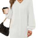 Saodimallsu Womens V Neck Mini Sweater Dress Cable Knit Long Lantern Sleeve Casual Loose Fall Tunic Pullover Sweaters White Size L