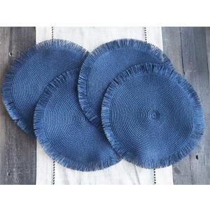 Fennco Styles Handwoven Fringe Boho Placemats 15" Round, Set of 4 - Navy Blue Braided Texture Table Mats for Home, Dining Room, Banquets, Family Gathering and Special Occasion