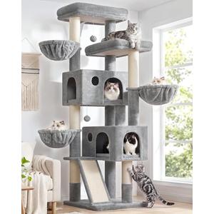 Globlazer Large Cat Tree, 72 inch Tall Cat Climbing Tower for Indoor Large Adult Cats Multi-Level Furniture Tree House with 2 Cozy Perches, 2 Padded Condos, 5 Sisal Scratching Posts, F72G, Light Grey