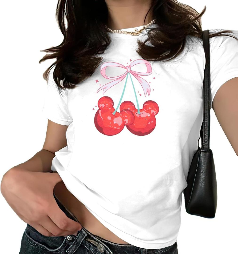 Pink Bow Cherries Shirt Women: Coquette Tops Clean Girl Aesthetic Shirts Casual Summer Short Sleeve Tshirt (Small, A-white-2)