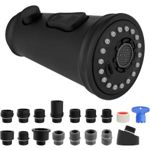 Hibbent Pull Down Kitchen Faucet Head Replacement, 3-Function Kitchen Sink Faucet Head Sprayer Head Nozzle with 15 Adapters, Compatible with Moen, American Standard, Delta, Kohler Faucets-Matte Black (Matte Black Finished)