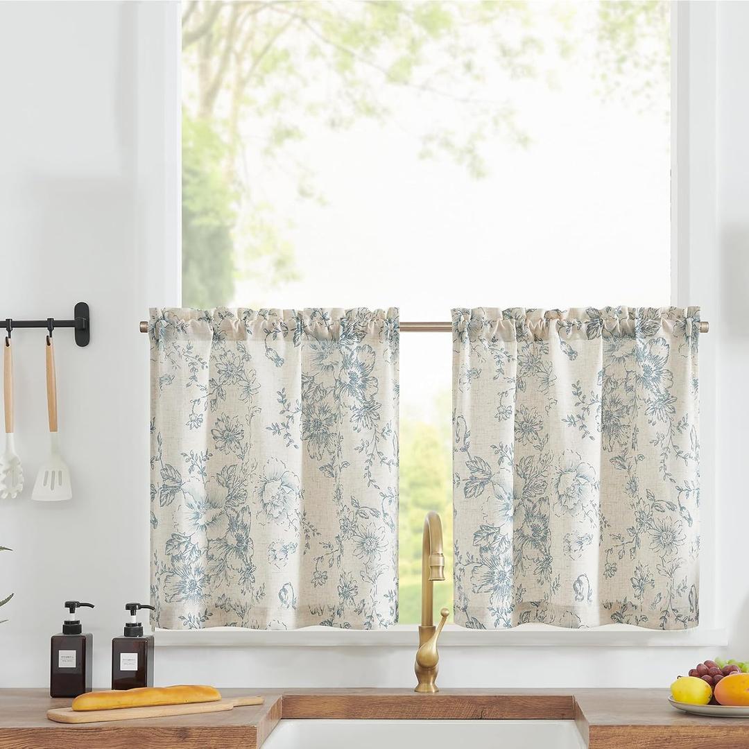 jinchan Floral Linen Tier Curtains Blue Flower on Beige Cafe Curtains 24 Inch Length Kitchen Living Room Bedroom Bathroom Farmhouse Rustic Country Rod Pocket 2 Panels