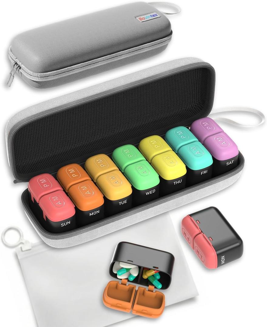 Weekly Pill Organizer 2 Times a Day, 7 Day Travel Medicine Pill Organizer with Moisture-Proof Silicone Lid, AM PM Daily Pill Box for Vitamins & Supplements, Aesthetics Pill Case(Rainbow)