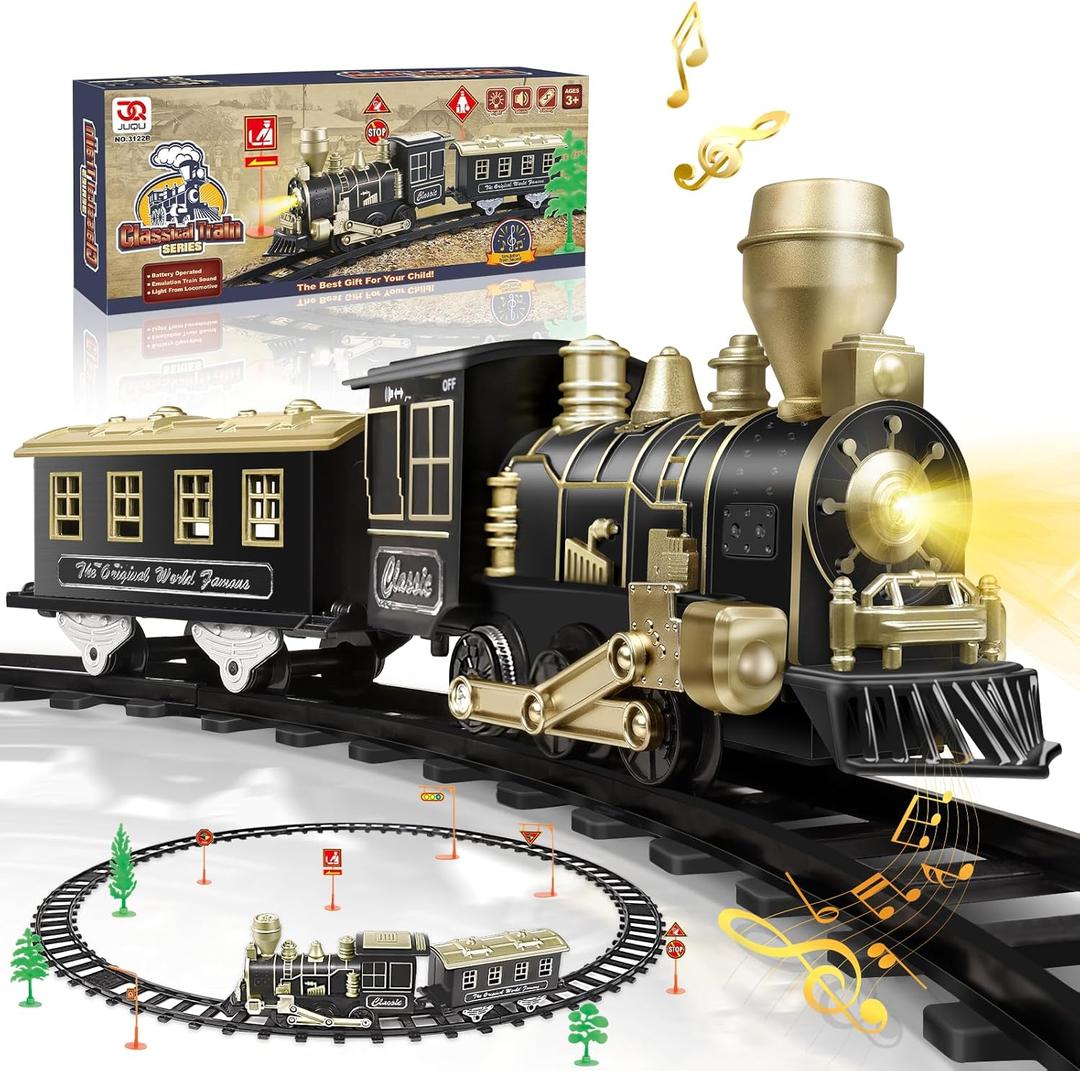 Electric Train Set, Ages 4-8 Christmas Train with Locomotive, Passenger Car, 6 Curves, LED Light & Sound Indoor Toy for Kids, for Holiday Village or Train Table