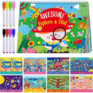30 Dry Erase Activities Book, Reusable & Erasable Game Pad, Explore and Find Games Montessori Learning Tool Educational Autism Sensory Toys for Kids, Road Trip, Airplane, Travel (Markers Included)