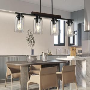 Black Farmhouse Dining Room Light Fixture, 4-Light Wood Linear Chandelier with Clear Glass Shades,Rustic Pendant Lights Kitchen Island Over Table