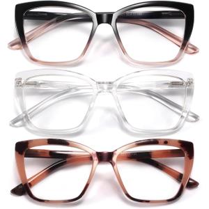 Reading Glasses for Women, 3 pack Fashion Oversized Blue Light Readers for Women, Spring Hinge Cat Eye Glasses Anti Eyestrain (B1 Blackpink Transparent Pink, 1.00)