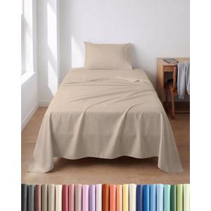 Lightweight 3 Piece Bed Sheet Set Twin Size - Cooling Sheets for Hot Sleepers - Soft Breathable Bedding Set w/ 8-16 Inch Deep Pockets - 1 Flat & 1 Fitted and 1 Pillowcase - Wrinkle Resistant - Wheat